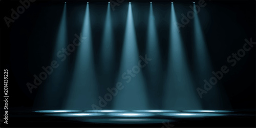 Fényképezés A dramatic display of eight spotlight beams converge downwards, creating a vibrant illumination over a darkened stage or area, evoking a sense of anticipation and focus