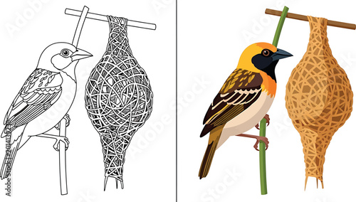 Weaver bird and nest illustration set color and blackline versions for educational materials
