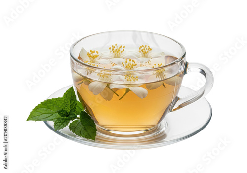Macro of a transparent glass teacup with herbal tea, floating jasmine flowers, and rising steam on a transparent background. Concept of wellness and natural remedies