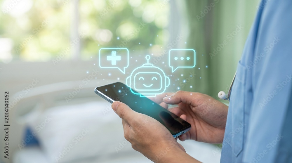 Fotografie Doctor using phone with medical chatbot interface