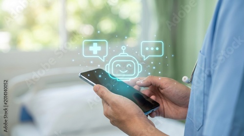 Fotografie Doctor using phone with medical chatbot interface