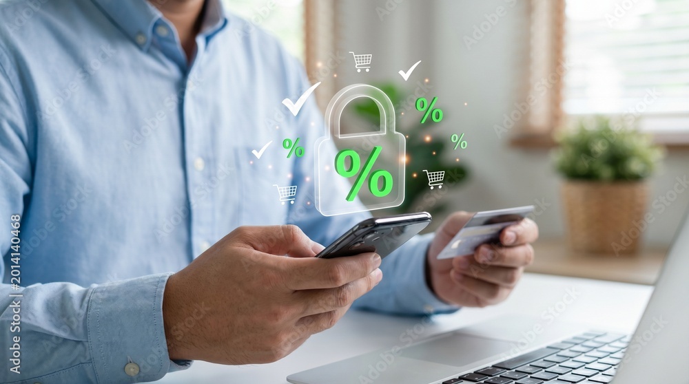 Obraz premium Person using phone and credit card for secure online shopping