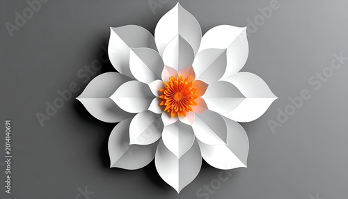 White paper flower with orange center, eight layered petals, on gray background