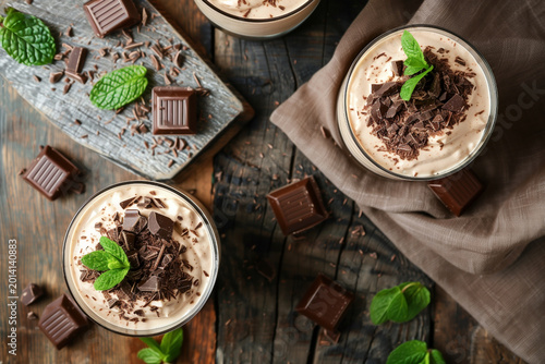 top view of sweet mousse with chocolate and mint