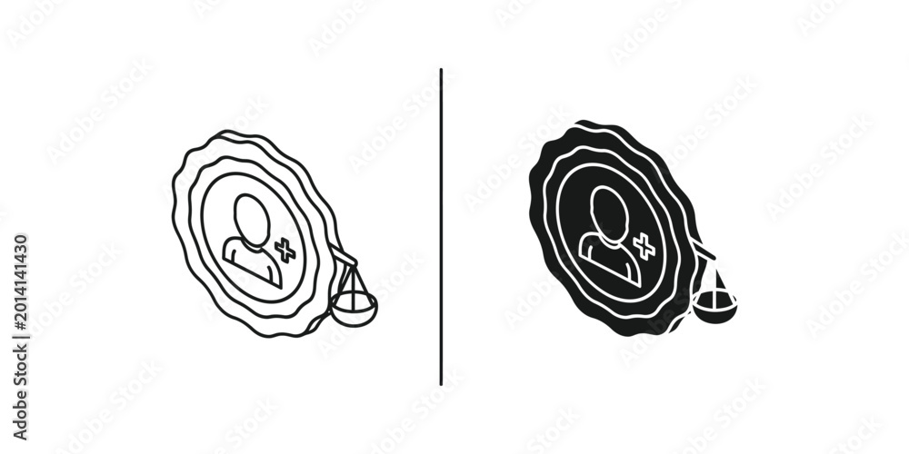 Fototapeta premium Justice icon with silhouette person and scales divided by line