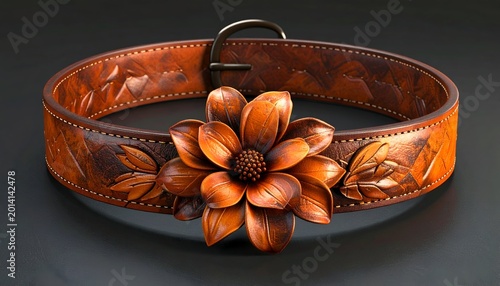 Ornate brown leather collar with floral details and a buckle on a dark surface