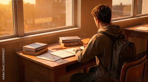 Student studying at desk, Back to School concept