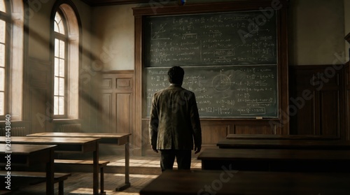 Teacher Stands Before Chalkboard in Old Classroom for Back to School