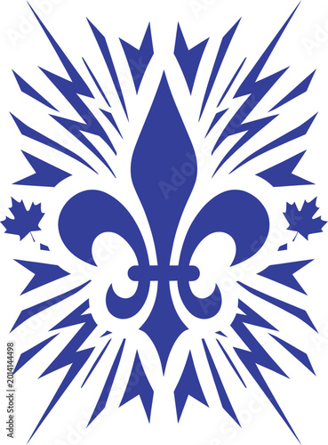 Blue fleur de lis symbol with maple leaves and abstract design