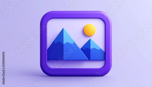 A stylized icon with two blue triangular mountains and a yellow sun above, set on a rounded purple square background with gradient and shadow, symbolizing photography, gallery, and modern design.