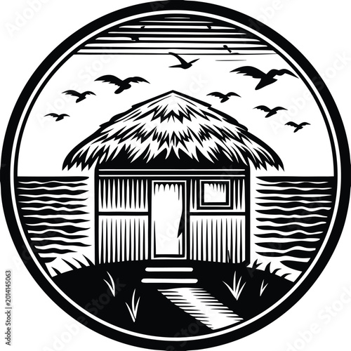 Schilderij op canvas Tropical beach hut, thatched roof, vector illustration, black and white, circula