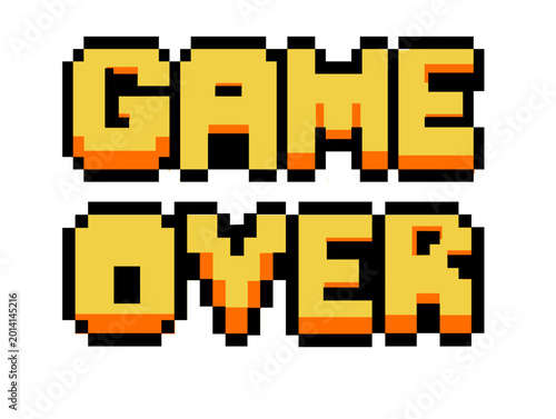 retro pixel game graphic in 8-bit video vector design with text game over in orange