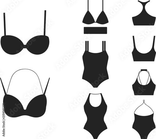 Canvas-taulu Black silhouettes of women swimwear tops and one piece swimsuits isolated on whi