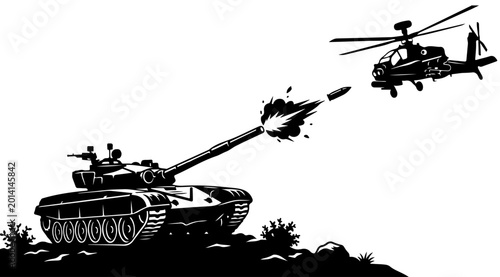 Fotografie Tank firing at helicopter black and white silhouette illustration