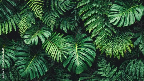 Dense tapestry of tropical foliage featuring large split leaves and numerous ferns creates a lush green background.