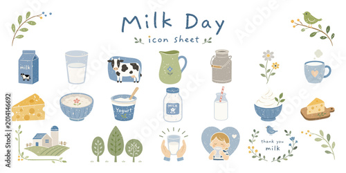     ミルクと乳製品のやさしいアイコンセット、Gentle Milk and Dairy Icon Set