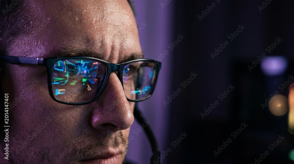 Obraz premium Close-up of professional gamer with intense focus and screen reflection in glasses
