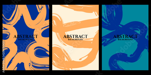 Abstract brush stroke pattern designs creating modern artistic backgrounds in blue, orange, and teal colors