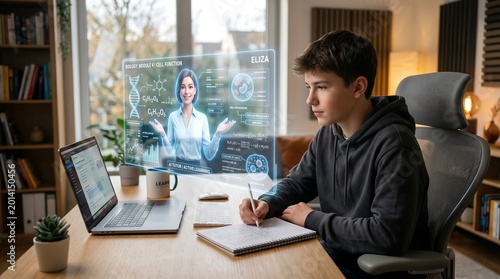 Young student using a holographic AI tutor for a science lesson at home, showcasing future education technology
