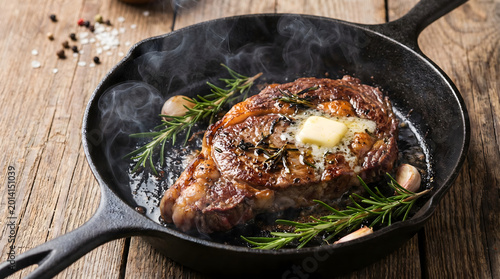 Juicy ribeye steak sears in a hot cast iron skillet with melting butter and fresh aromatic rosemary herbs to create a delicious gourmet dinner meal