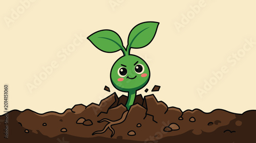 Cute Sprout Character Breaking Through Ground Flat Design