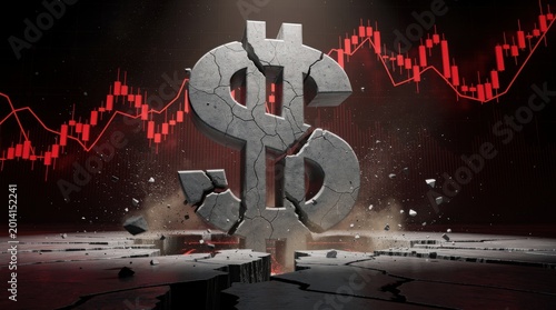 A crumbling stone dollar sign symbolizes financial crisis, with a red downward stock market chart in the background representing economic collapse and recession.