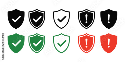 Photography Safety shield symbols with check mark and exclamation icons, vector illustration representing security, protection, and risk warning concepts