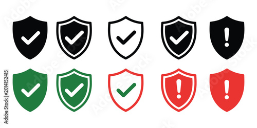 Photos Graphic illustration of safety shield symbols with check mark and exclamation icons representing security and protection