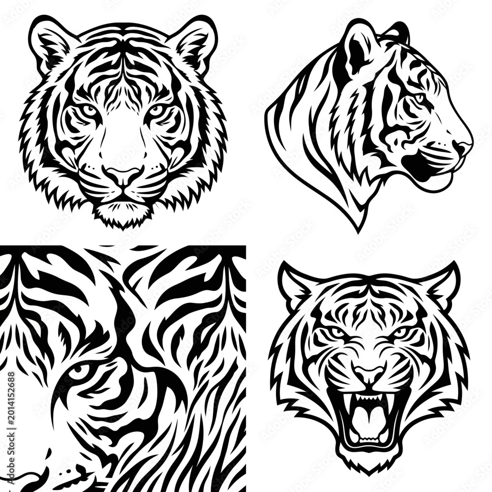 Fototapeta premium Sumatran Tiger Minimalist Face and Stripe Pattern Vector Set