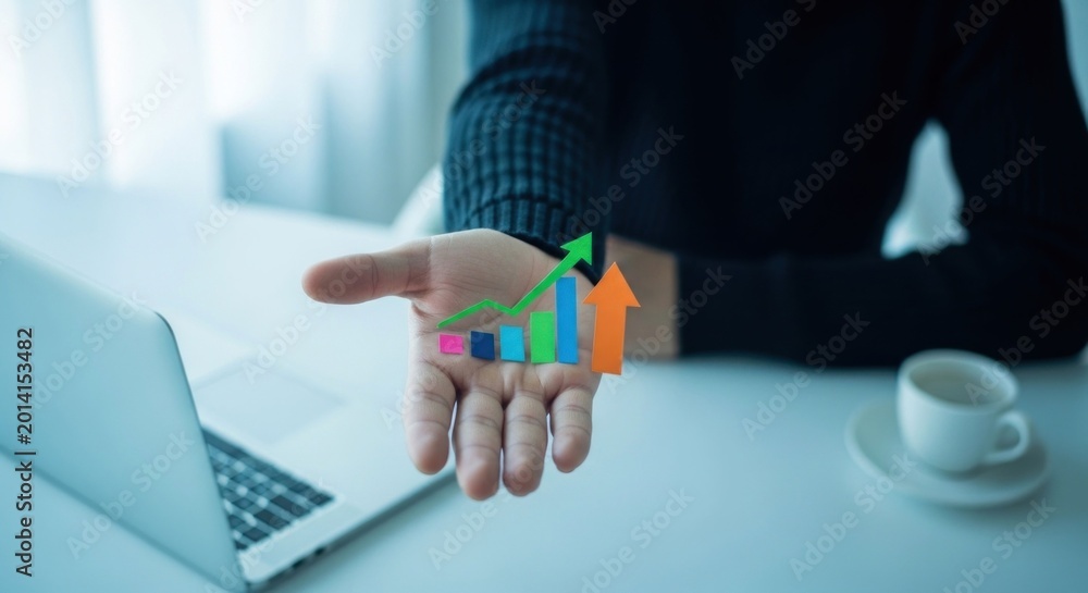 Fototapeta premium Businessperson holding colorful bar graph in hand symbolizing growth and success.