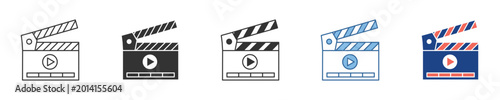 A versatile collection of modern clapperboard icons featuring integrated play symbols, perfect for video production, film editing, and media playback interface designs