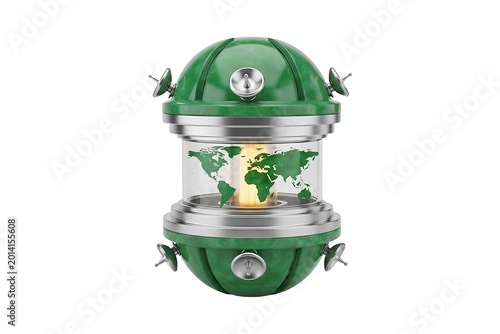 Futuristic Global Communication Hub Displaying World Map and Radiant Energy Core White Background