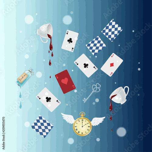 Photos Whimsical scene of playing cards, teacups, and clock falling through air