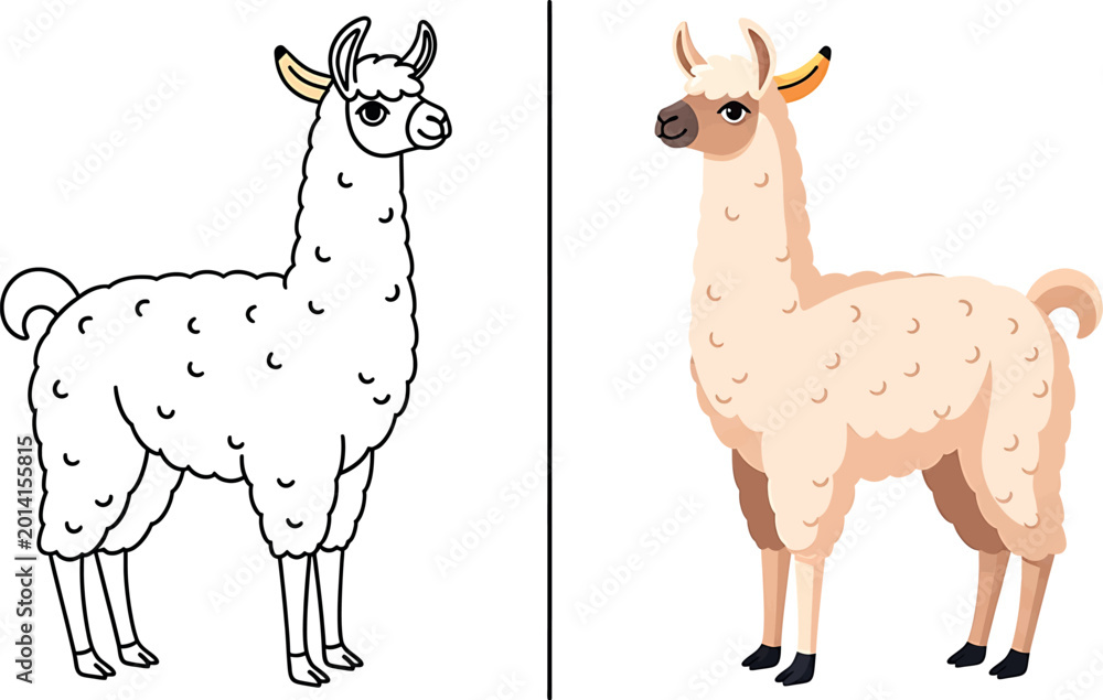 Fototapeta premium Llama illustration set line art and full color versions for children's designs and educational materials