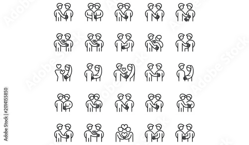 Hugging Couples Line Art Icons Set Isolated Vector