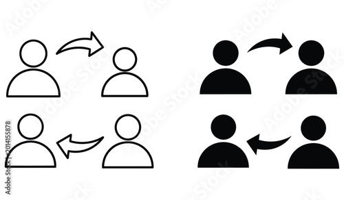 Communication People Icons with Directional Arrows, Black and White Vector Isolated on White