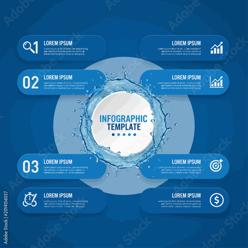 A modern infographic template showcases a central blue circle with six surrounding sections on a blue background.