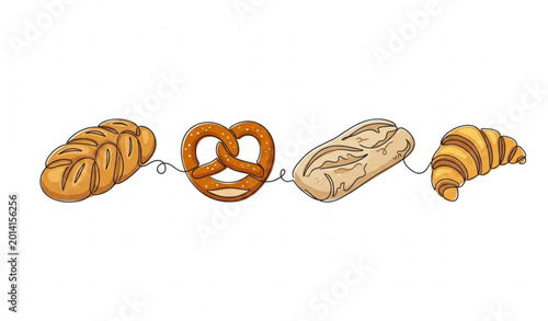 Foto Continuous one line bakery set wheat bread pretzel ciabatta croissant vector ill