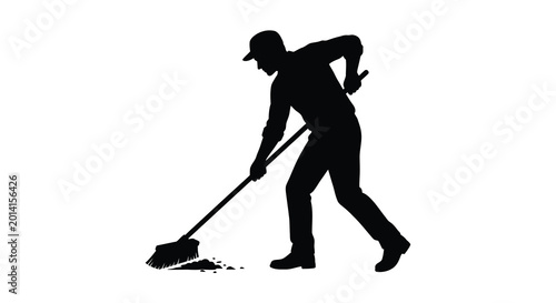 Foto Man sweeping with a broom side view black silhouette