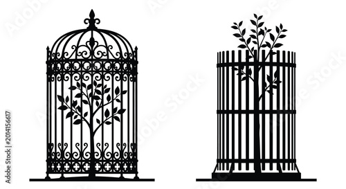 Fényképezés Two ornate birdcage silhouettes against a white background silhouette