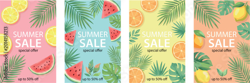 Summer sale flyer collection with tropical fruits palm leaves and colorful seasonal promotional poster templates