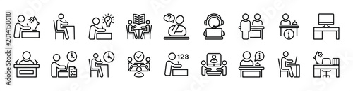 Study desk thin line icon set. Contains learning, training, thinking, customer service table, classroom, homework, study group, deadline, computer, workspace, receptionist. Vector illustration