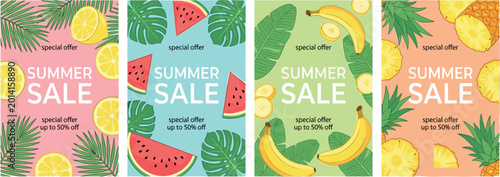 Summer sale poster collection with tropical fruits palm leaves and colorful seasonal promotional flyer templates