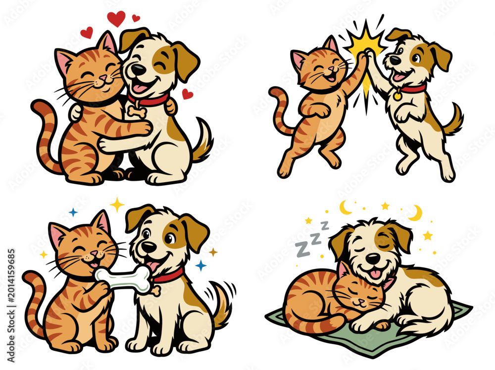 Fototapeta premium Cute cat and dog best friends cartoon characters set