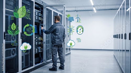 Technician working on server rack with green energy icons, sustainable cloud computing and eco-friendly data center concept for renewable power efficiency.