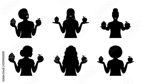 Foto Six Silhouette Figures Balancing Cupcake and Apple, Diverse Women Choices, Sweet