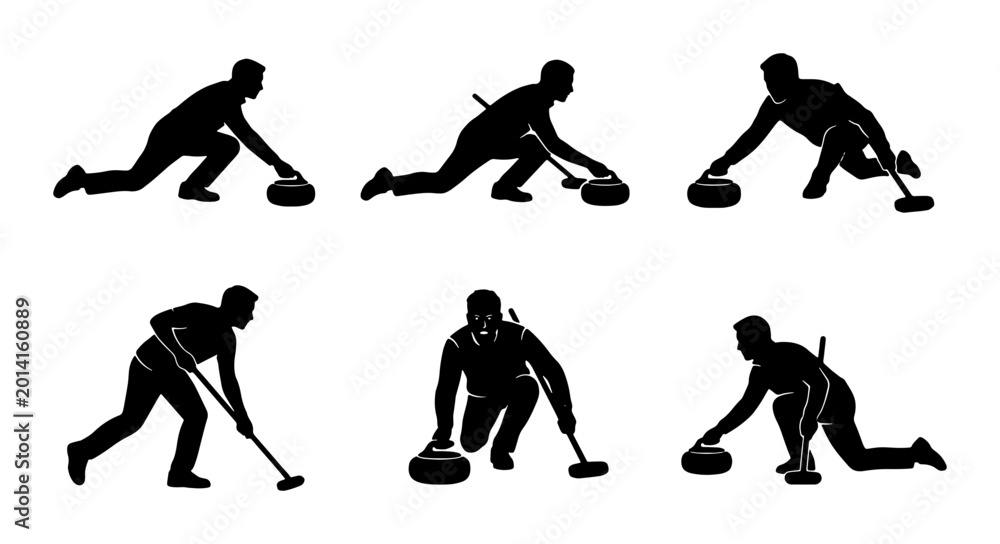 Fototapeta premium Curling Sport Silhouettes, Athlete Poses Set, Winter Ice Game Action, Vector Graphics Collection