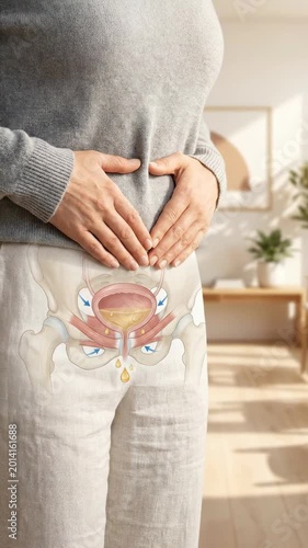 Urogenital system challenge: urinary leakage, bladder control, pelvic floor, medical condition, fluid release, body anatomy, health issue, weak muscle, involuntary void, adult health, organ function.
