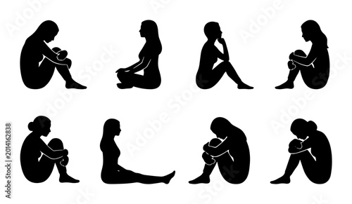 Tableau sur toile Diverse Female Silhouettes Collection: Sitting Poses, Contemplative Mood, Black