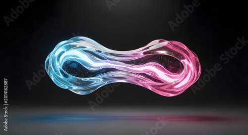 Twisted infinity shaped glass loop filled with swirling dual tone blue and magenta electrical plasma, conceptual representation of perpetual clean energy and quantum mechanics